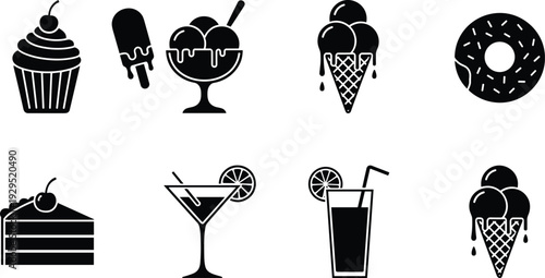 Sweet dessert and beverage icon collection featuring cupcake ice cream donut cake cocktail and juice black silhouette vector set isolated on white background