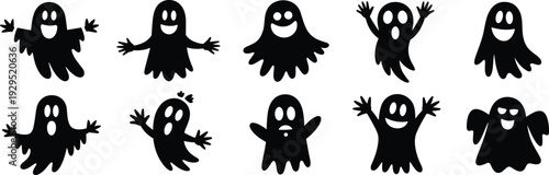 Cute Halloween Ghost Cartoon Icons Set Featuring Funny Spooky Characters for Party Decoration Holiday Design Stickers and Festive Illustration Collection