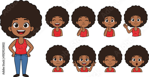 Cute afro girl cartoon character set with different facial expressions and gestures isolated on white background vector illustration for kids design