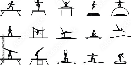 Gymnastics silhouette set with athletes performing balance beam vault parallel bars and floor exercises isolated on white background black vector illustration