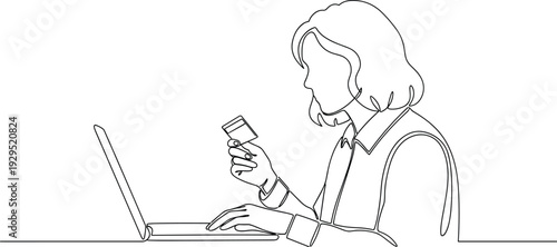 Minimalist line drawing person at desk with laptop, holding credit card, online shopping illustration, digital payment artwork, modern consumer behavior, flavector