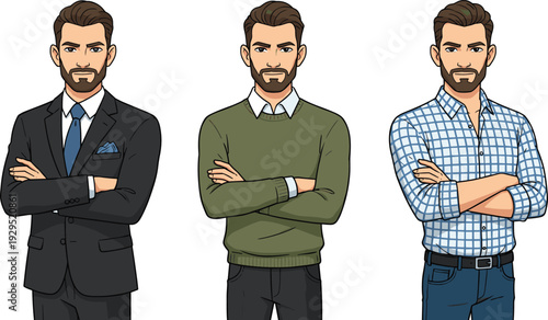 Handsome bearded man character set in formal suit smart casual sweater and checkered shirt cartoon illustration isolated on white background