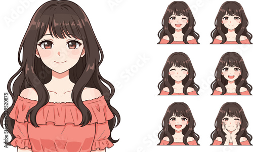Cute anime girl portrait set with different facial expressions smiling winking laughing blushing flat vector character illustration collection isolated
