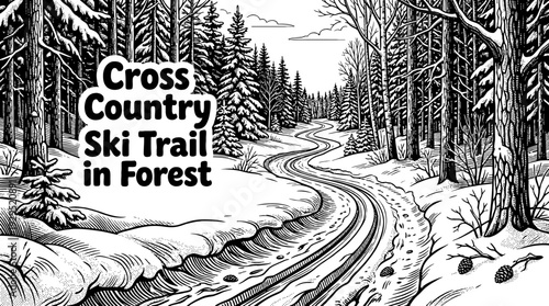 cross country ski trail in a snowy forest black and white vector representing endurance sport and nature exploration