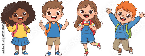 Happy diverse school children cartoon characters with backpacks waving and smiling isolated on white background colorful vector illustration set