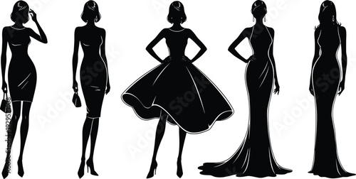 Elegant female silhouette collection in stylish dresses and evening gowns fashion vector illustration isolated on white background for boutique branding design