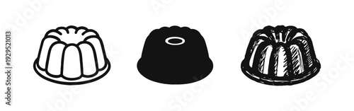 Molded jelly dessert or pudding icon set in outline, solid, and doodle styles.