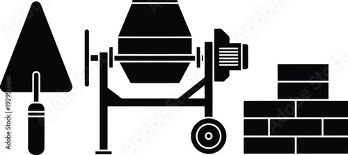 Construction Masonry Silhouette Featuring Electric Cement Mixer Tool Pointing Trowel and Stacked Bricks for Building and Renovation Projects