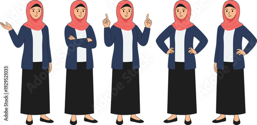 Muslim businesswoman character set wearing hijab showing different hand gestures standing confident flat vector illustration isolated on white background