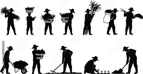 Farmer silhouette collection showing agricultural workers harvesting carrying crops planting and digging isolated on white background vector illustration set