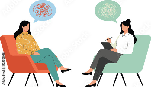 Psychologist counseling session with woman patient sitting in armchairs discussing mental health therapy concept flat vector illustration isolated on white background