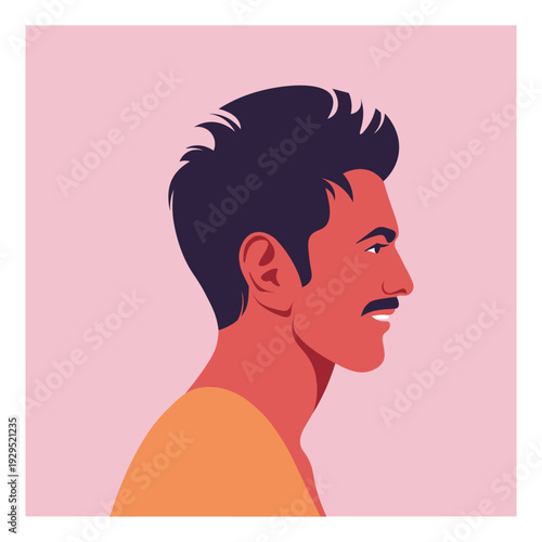 Modern flat vector portrait of a handsome young man in profile with dark styled hair and a mustache on a soft pink background. Ideal for avatars, barbershop themes