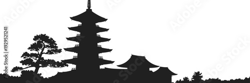 Japanese pagoda temple silhouette with traditional Asian architecture and pine tree landscape, historic cultural landmark black and white vector illustration isolated on white