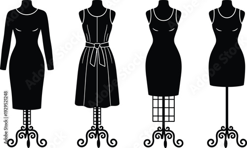 Women dress silhouette collection on mannequin stand with different elegant styles isolated on white background fashion vector illustration set