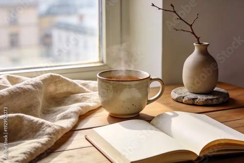Steaming Hot Tea by the Window with Open Book and Minimal Vase