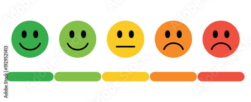 Feedback and rating scale with smiley icons, happy and sad faces, customer review symbols