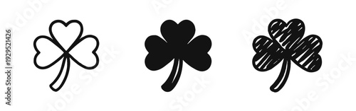 Shamrock three-leaf clover icon set. Irish symbol of luck in outline, solid, and doodle styles.