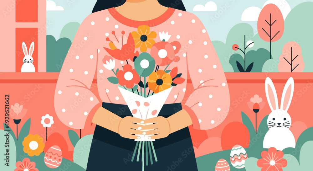 Naklejka premium Easter spring vibes: woman with flowers and playful rabbits in a garden setting