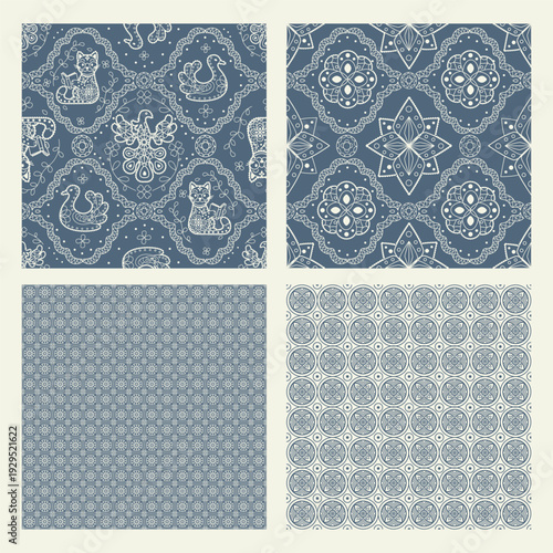 A set of seamless patterns from Vologda lace. Traditional Russian vector ornament