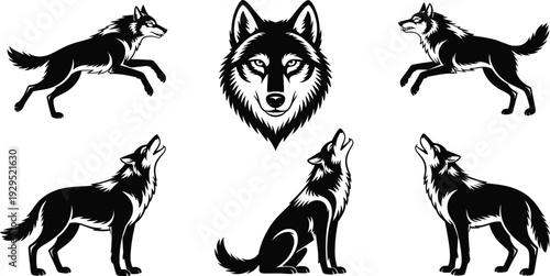 Wolf silhouette set with howling and running poses, wild animal head emblem collection isolated on white background, black and white vector illustration