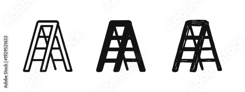 Stepladder icon set. Portable folding ladder symbol in outline, filled, and hand-drawn styles. Repair and construction tool vector.