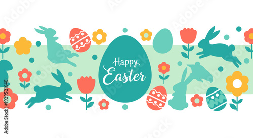 Colorful easter banner with flowers, rabbits, and eggs in flat style design