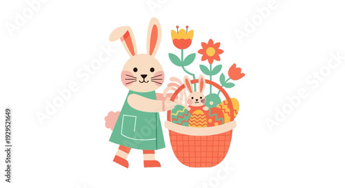 Cute bunny with basket of flowers and easter eggs in flat cartoon style