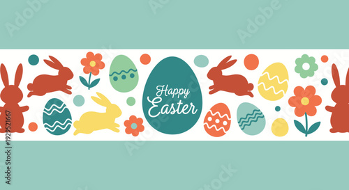 Colorful easter banner with bunnies, eggs, and flowers in flat style