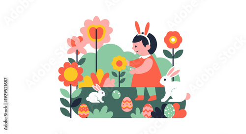 Whimsical easter scene with child and bunnies amidst vibrant flowers and eggs