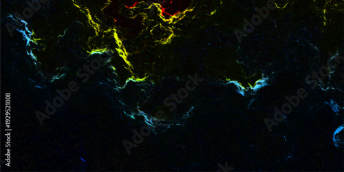 Vector Celestial aurora borealis in the atmospheric upper atmosphere, showcasing spectral bands of luminous vibrant colors, including cyan and chartreuse on dark blue and black background.  Design