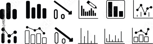 Black and white business analytics icons set featuring bar charts line graphs pie charts and data visualization symbols isolated on white background