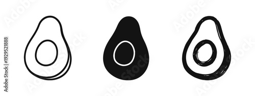 Avocado icon set. Halved avocado with seed symbol in outline, filled, and hand-drawn styles. Healthy food vector illustration.