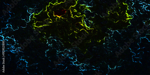 Vector Abstract artistic representation of electric blue and luminous yellow energy flow over a dark background, invoking a sense of ethereal movement and vibrant dynamism. Design