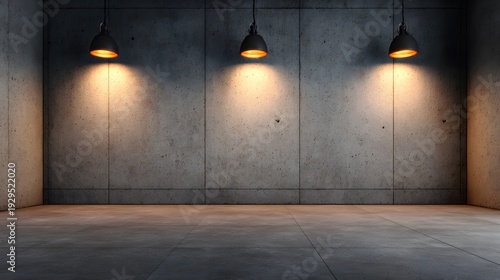 Industrial Lighting: A modern industrial space with a concrete floor and walls is illuminated by three hanging lights, creating a captivating play of light and shadow.