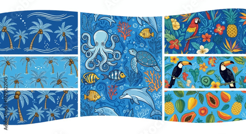 Vibrant Tropical Ocean Life and Fruits Pattern.