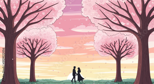 A stylized illustration depicts a couple walking hand-in-hand beneath pink cherry blossom trees at sunset with pink sky. Perfect for romantic themes and nature-inspired content.