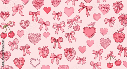 Valentine's Day seamless pattern with hearts, bows, and cherries.