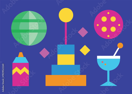 A set of colorful party and birthday icons including a disco ball, tiered cake, party popper, and a cocktail on a dark blue background.