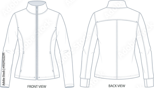 "Fashion design technical flat sketch of modern women’s jacket with front and back views, zipper closure, high collar, princess seams, and sleeve detailing"
