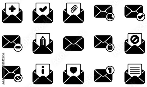 Black Solid Email and Message Envelope Icon Set