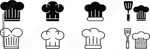 Chef Hat and Spatula Icon Set in Line and Solid Styles, Cooking Kitchen Vector Collection Isolated on White Background