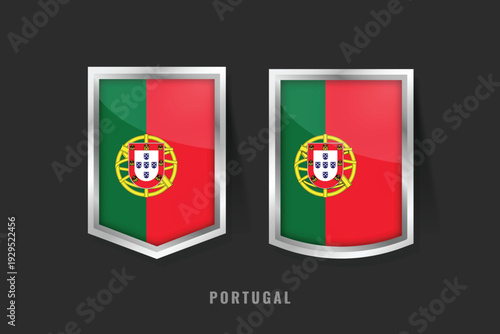 Vector illustration of Portugal flag on 3D metallic shields. Green and red bands with national coat of arms. Symbol of Portuguese identity, maritime history, and national pride.