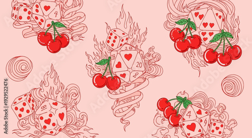 Seamless pattern with cherries and playing cards on pink background.