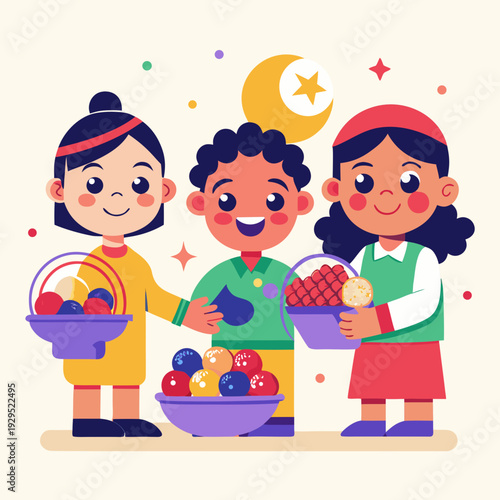 Children sharing sweets and fruits happily