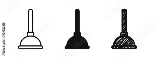 Toilet Plunger Icon Set - Plumbing Tool for Drain Clogs in Outline, Solid, and Sketchy Vector Styles