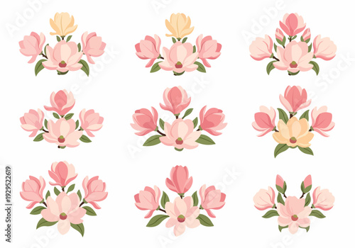 Set of elegant magnolia flower bouquets in various arrangements for decorative design elements and floral arrangements