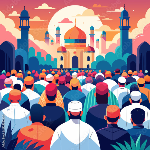 Diverse Muslim community attending Eid prayer at mosque