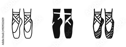 Ballet Pointe Shoes Icon Set - Classical Dance Footwear in Outline, Solid, and Hand-Drawn Styles