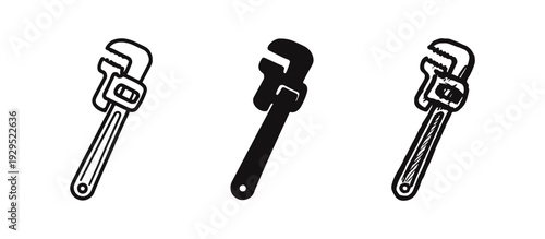 Pipe Wrench Icon Set - Plumbing Hand Tool in Outline, Solid, and Hand-Drawn Vector Styles