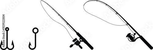 Fishing Rod and Hook Icon Set with Spinning Reel Equipment in Black Silhouette Vector Collection Isolated on White Background